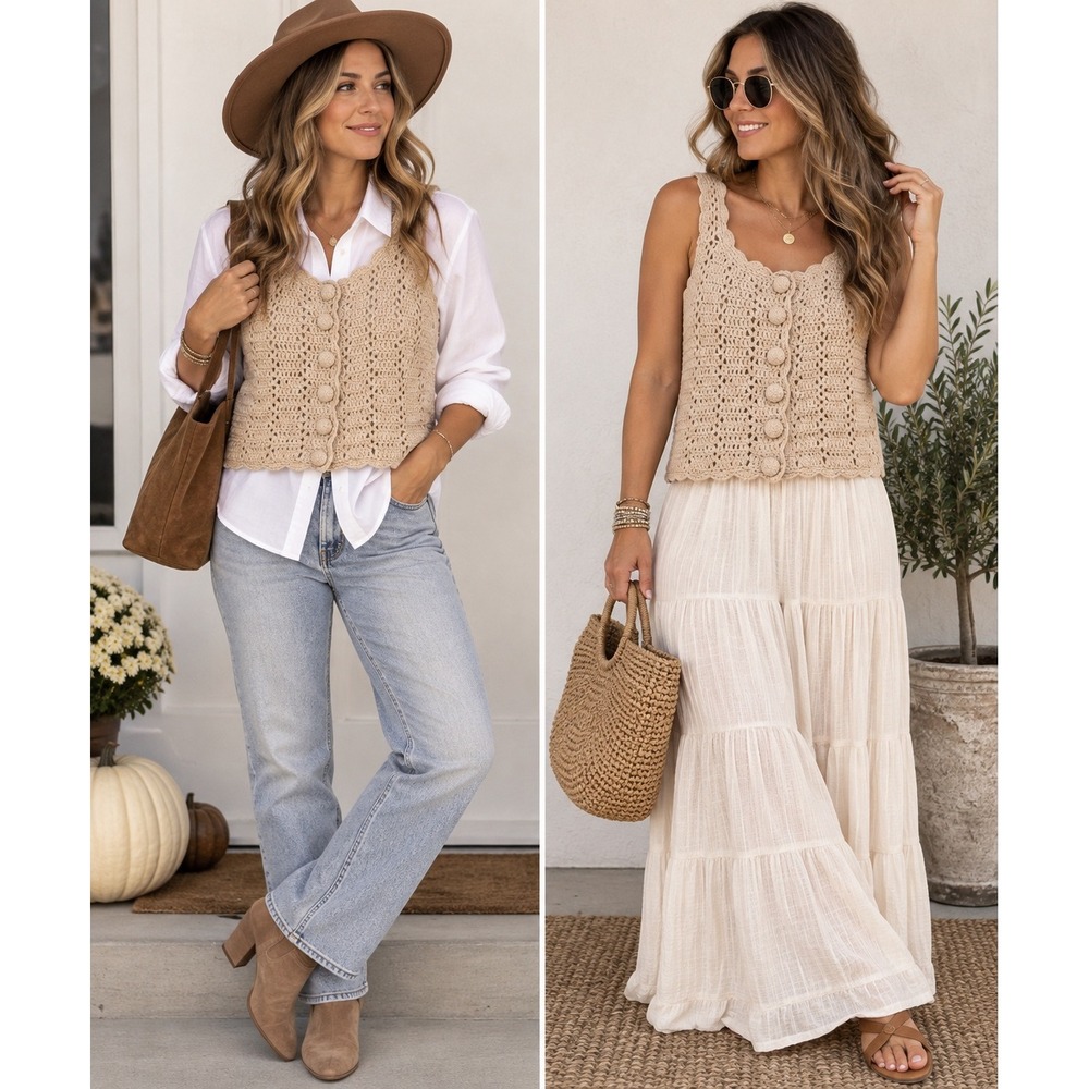 Dreamers by Debut Crochet Button Front Tank Sweater Vest Beige Boho Size L